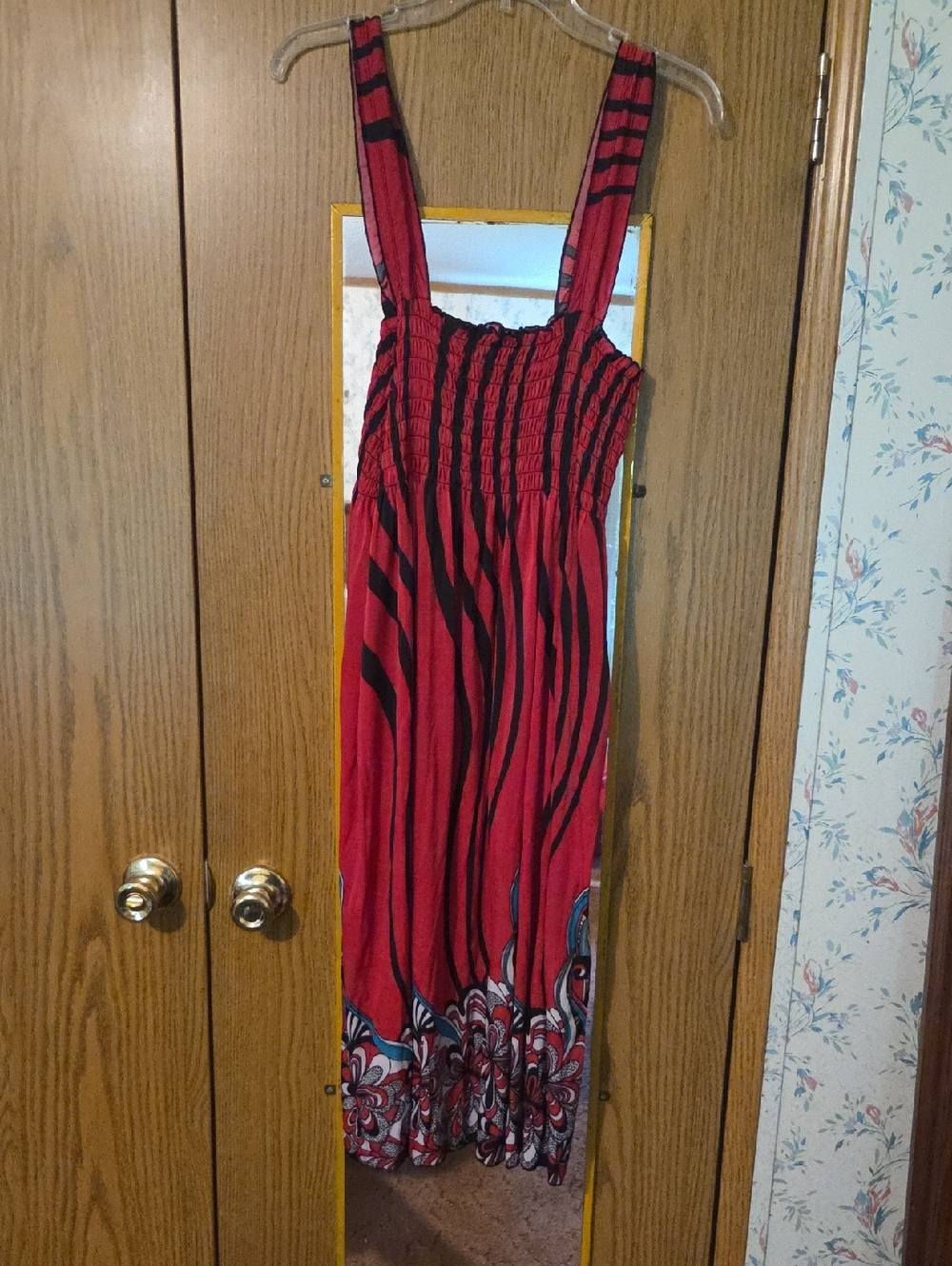 WinWin Red and Black Floral-Trim Maxi Dress